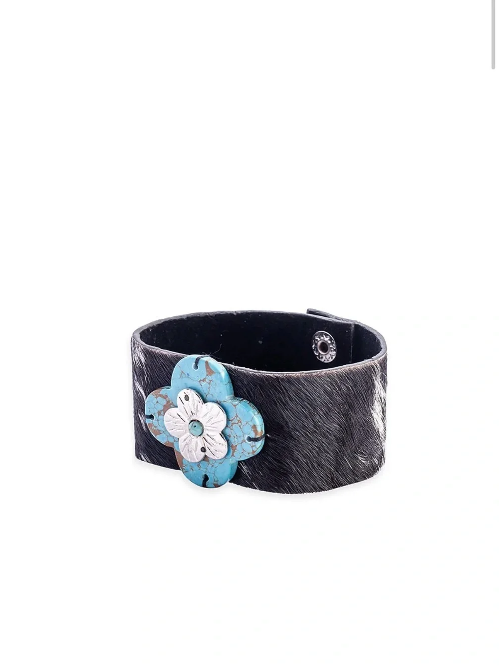 Western Bracelet Black & White Hide Leather with Turquoise Flower Accent